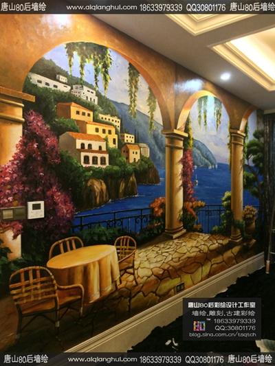 唐山别墅壁画——万科南湖别墅会客厅墙绘